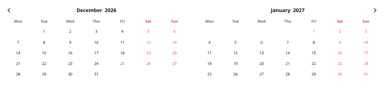A two-month calendar with weekends and holidays