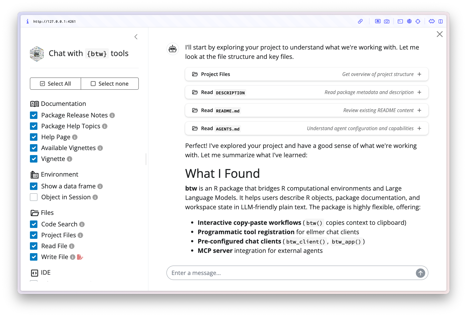 Screenshot of btw_app() in action. In the sidebar, there is a list of tools that can be toggled on and off, and in the main panel a chat interface. In the chat we can see several tool calls have been made to read files in the current project.